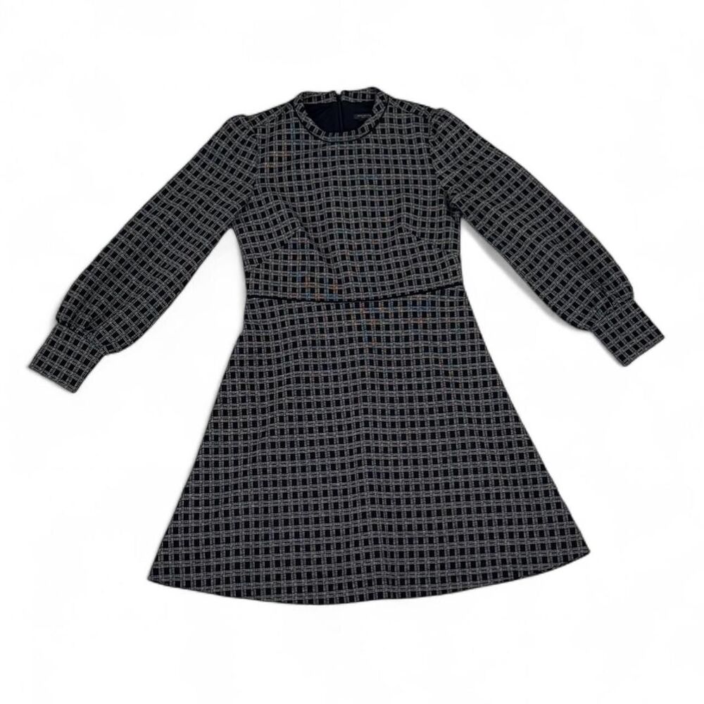 Ann Taylor Black Plaid Mock Neck Long Sleeve Lined Fit & Flare Dress - Size 8P - Picture 3 of 8